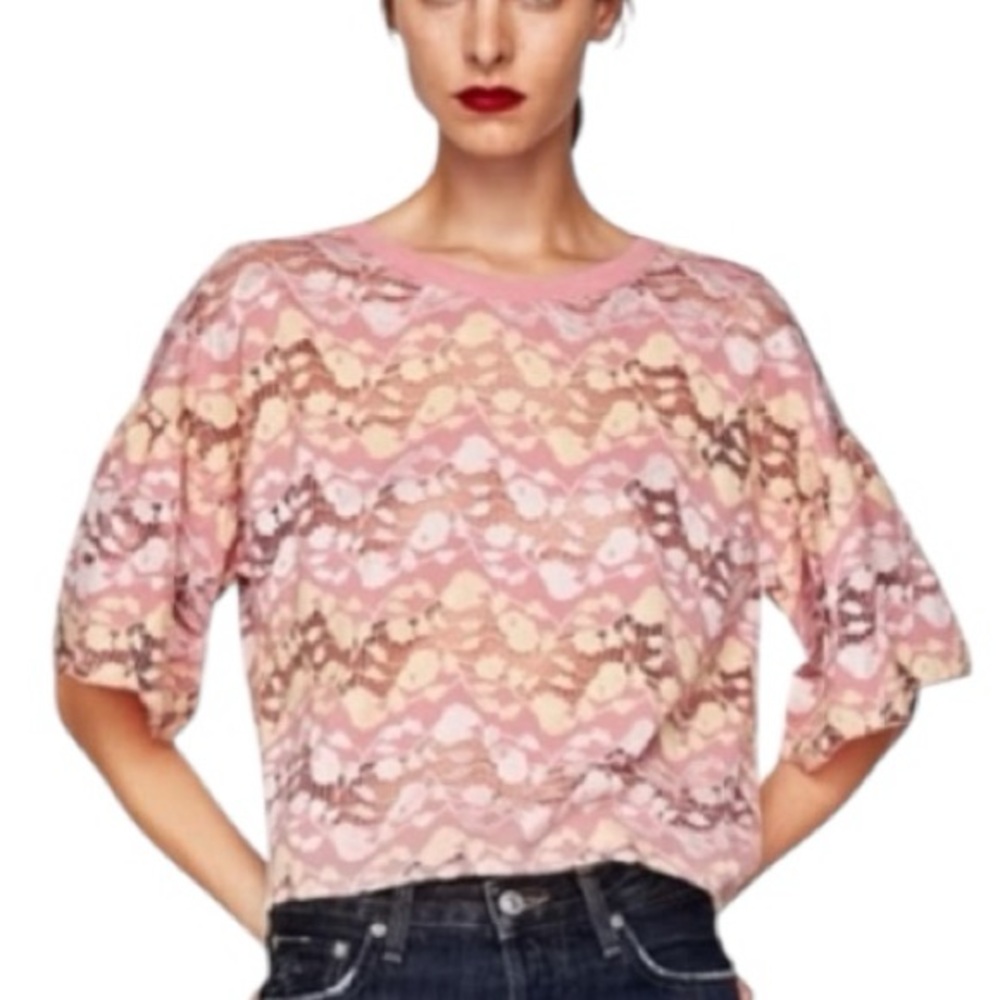 NEW Zara Women Small Pink Sheer Floral Lace Bell Sleeves Boxy Cropped Top